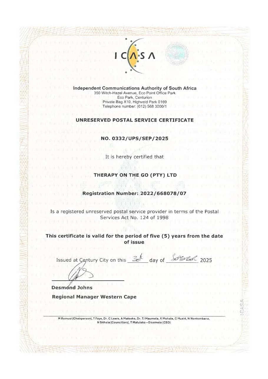 ICASA Unreserved Postal Service Certificate 0332/UPS/SEP/2025